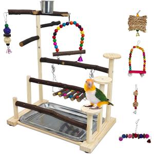 PINVNBY Bird Playground 9 PCS Parrot Perch Stand Play Gym Cockatiel Wood Bird Toys Birds Cage Accessories Playpen with Feeder Cups Hanging Swing Toys for Parakeet Conure Lovebird Cockatiel (14.76"L x 9.45"L x 17.7"H)