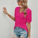 Romanstii Women Casual V-Neck T-Shirts Loose Puff Short Sleeve Tops Tunic Blouses (X-Large, Rose Red)