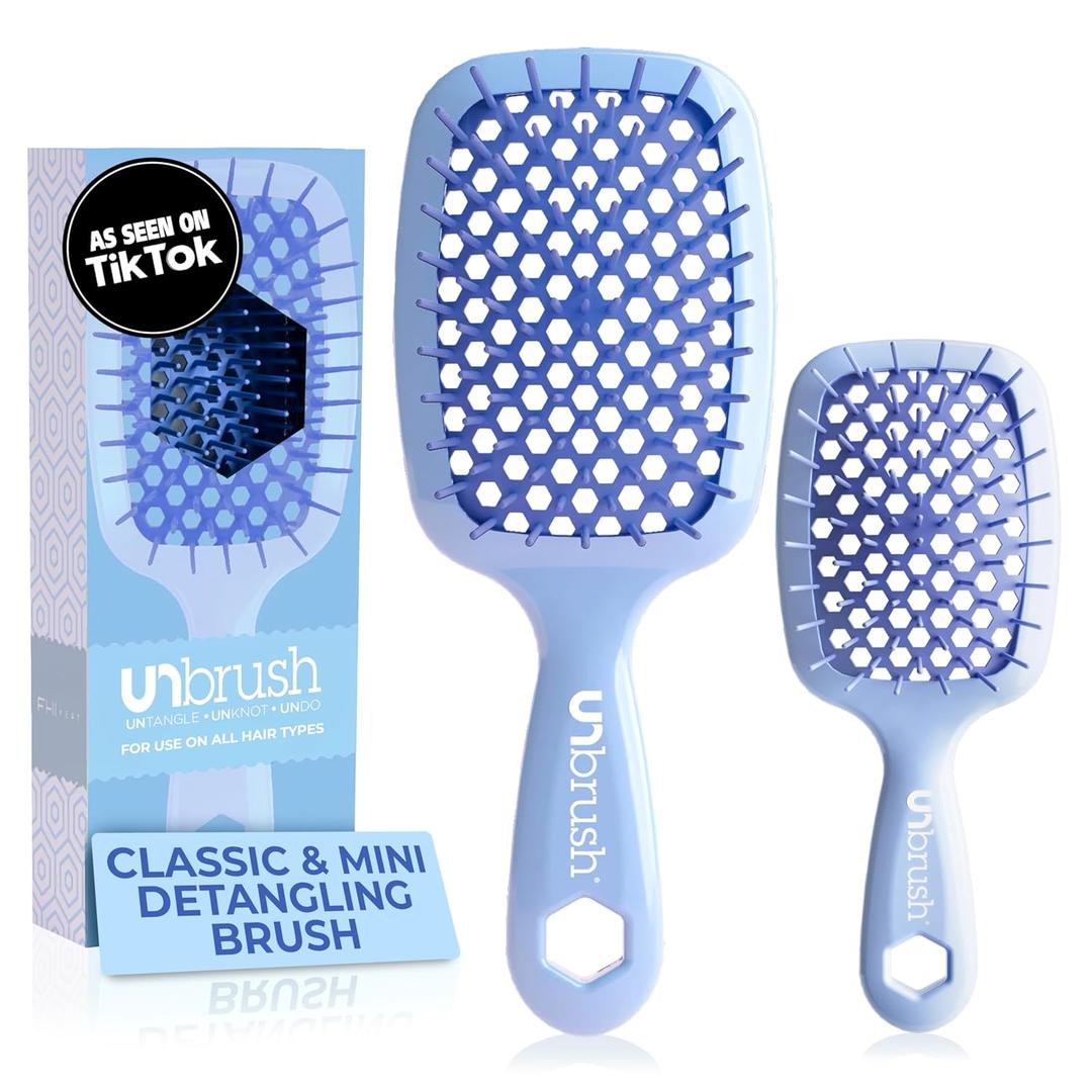 FHI Heat - UNbrush Detangling Brush Combo Pack  Original & Mini UNbrush Hairbrush for All Wet/Dry Hair Types  DuoFlex Anti Static Hair Brush, Vented Detangler Brush for Pain-Free Styling (Periwinkle Light Blue)