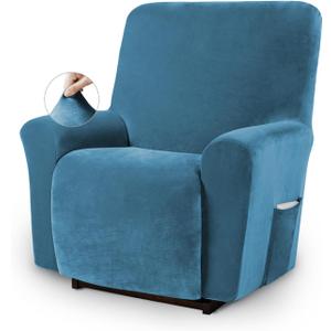 Asnomy Recliner Chair Covers Lazy Boy Recliner Covers with Pockets Stretch Velvet Couch Cover Slipcovers 1-Piece Furniture Protector for Dogs Cats(Recliner,Peacock Blue)