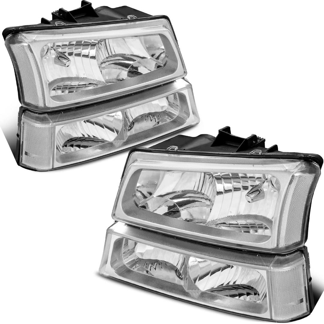 MOSTPLUS Headlight Assembly Compatible with 2003-2006 Chevy Silverado/Avalanche 1500/2500 Front Lamp with Chrome Housing/Clear Lens/Clear Reflector