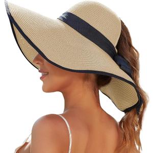 Sun Beach Hats for Women with Ponytail Hole, Floppy Wide Brim Beach Hat, Straw Summer Packable Sunhat Foldable Sun Protection (Yellow)