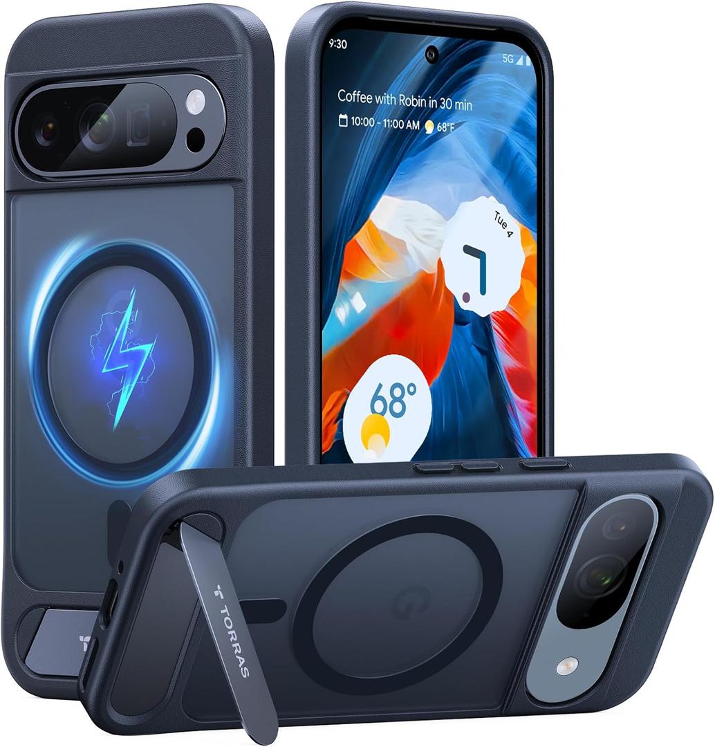 TORRAS Magnetic & Stand for Google Pixel 9 Pro Case/Pixel 9 Case, Fit for MagSafe, 12FT Mil-Grade Drop Protection, Slim Fit for Google Pixel 9/9 Pro Phone Case with Built-in Kickstand, Black (for Google Pixel 9/9 Pro, Black)