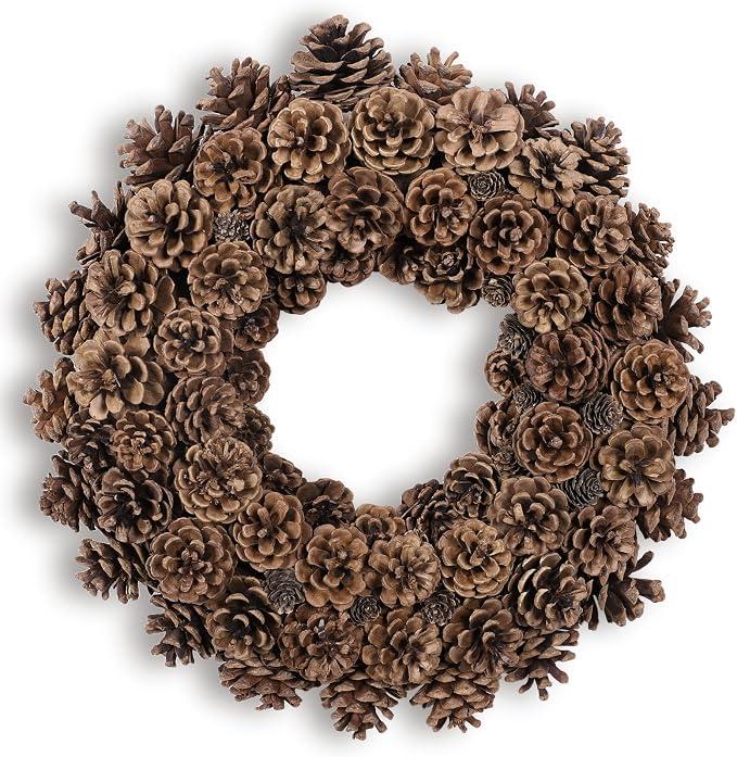 Huashen 18 Inch Fall Wreath for Front Door Full Artificial Pinecone Wreath