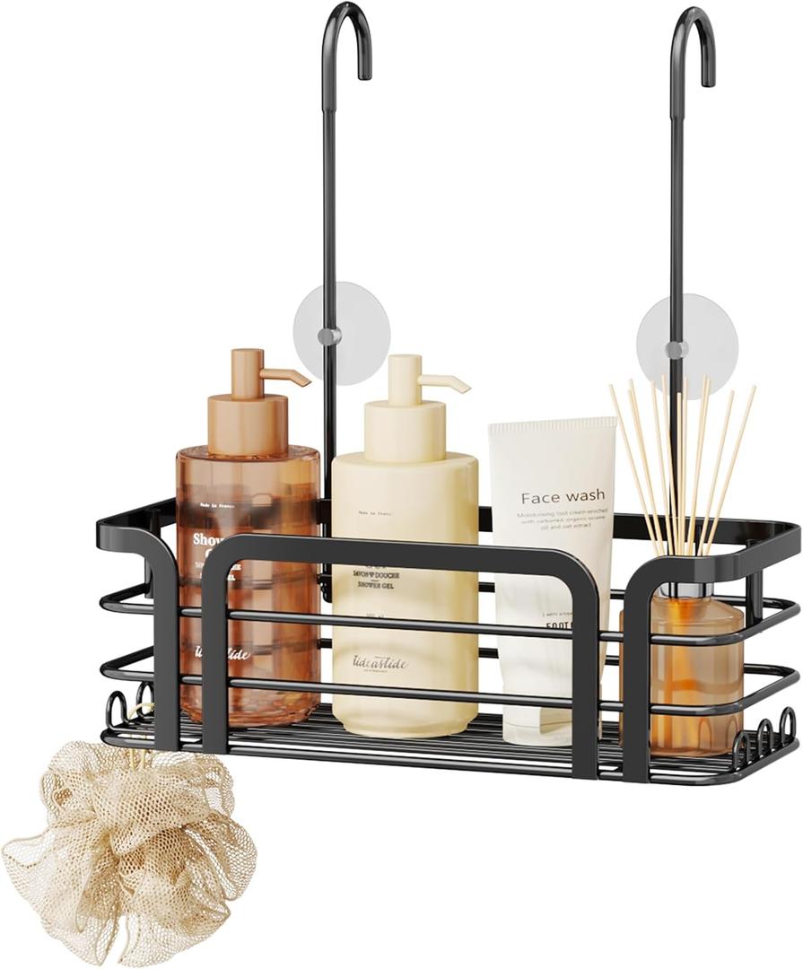 SWTYMIKI Shower Caddy Hanging Organizer - Over the Door Shower Caddy with 6 Hooks, 2 Installation Ways, Stainless Steel Rustproof Bathroom Organizer, Black (Black-1 tier)