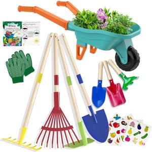 Qtioucp Kids Gardening Set with Wheelbarrow, Real Metal Garden Tools for Kids Ages 3-8, 4 Long Handle Tools, 3 Hand Tool, Gloves, 5 Stickers, Handbook, Outdoor Backyard Toys for Toddler Gift (Green)