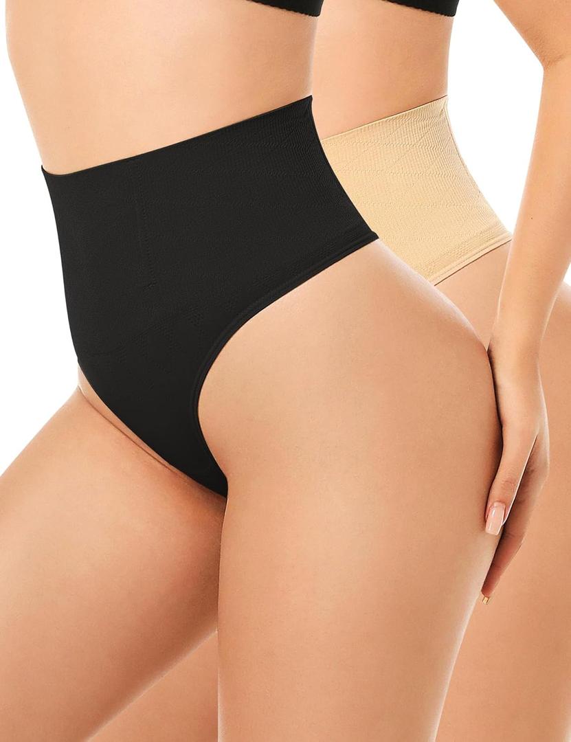 Yeblues Thong Shapewear Tummy Control for Women Seamless Shapewear Underwear Body Shaper Panties for Under Dresses (Medium, Black+nude 2pack)