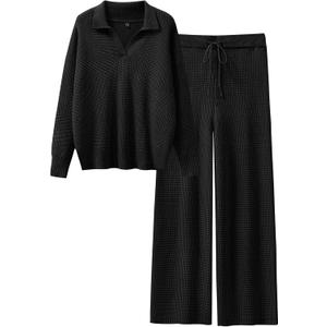 ANRABESS Women Two Piece Outfits Sweater Sets Lounge Waffle Knit Pullover Matching Wide Leg Pants Tracksuit 2025 Fall Fashion, M