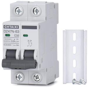 AC Miniature Circuit Breaker, 32 Amp 120V/240V 2 Pole DIN Rail Mount Circuit Breaker, Thermal Magnetic Trip, Solar AC Disconnect Switch MCB C32