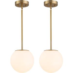 Modern Globe Pendant Light Mid Century Opal Glass Hanging Light Fixture Gold Finish, 2-Light Glass Pendant Lighting for Kitchen Island Dining Room Bedroom Hallway and Bathroom
