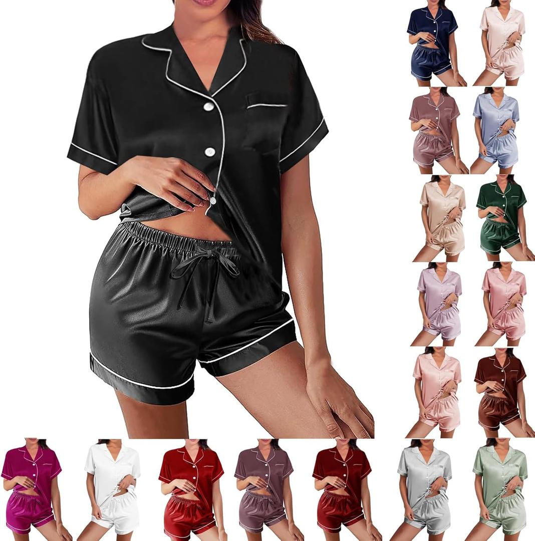 Womens Silk Satin Pajamas Loungewear Two-Piece Sleepwear Button-Down Floral Pj Set XS-4XL (Large)