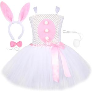 Bunny Costume Kids White Bunny Tutu Dress Easter Bunny Rabbit Costume Tutu Outfit Skirt Headband Tail for Girls (6-7Y)