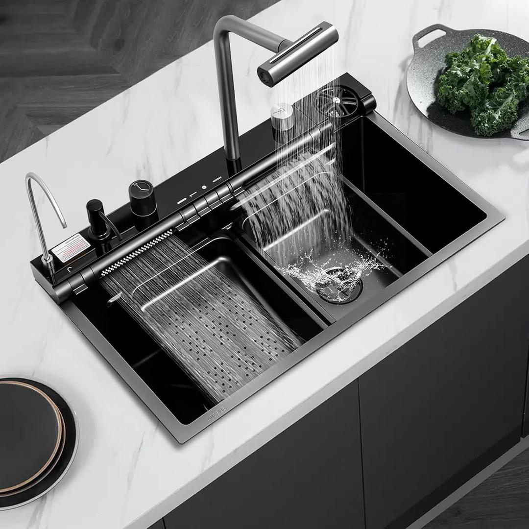 30in Black Drop In Kitchen Sink Multifunctional Digital Display Smart Drop In Kitchen Sink Honeycomb Nano Modern Kitchen Sinks with Cutting Board & 4 in 1 Pull-Out Faucet Workstation Sink