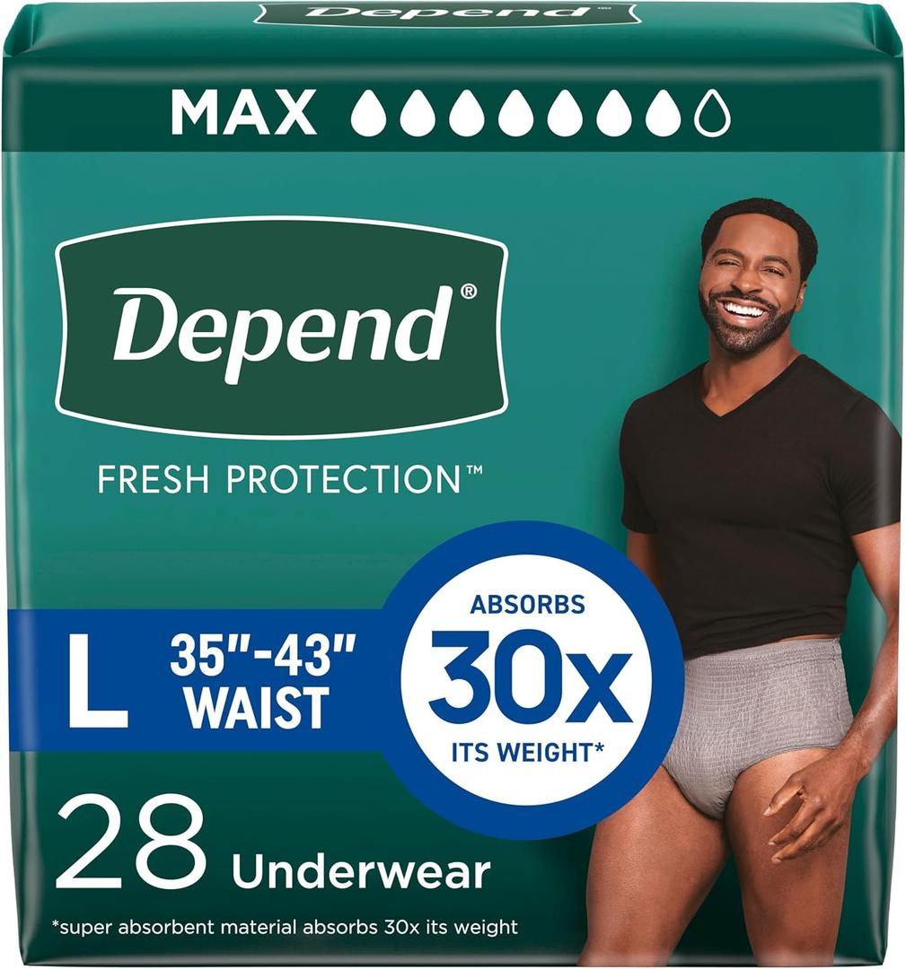 Depend Fresh Protection Adult Diapers, Incontinence Underwear for Men, Disposable, Maximum, Large, Grey, 28 Count.