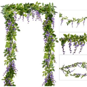 DearHouse 4Pcs 6.6Ft/Piece Artificial Flowers Silk Wisteria Garland Artificial Wisteria Vine Rattan Silk Hanging Flower for Home Garden Outdoor Ceremony Wedding Arch Floral Decor(Light Purple)