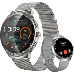 Smart Watches for Men Women, 1.43'' AMOLED Touchscreen Smartwatch for Android & iPhone, 150+ Sports Modes, Waterproof Fitness Tracker, Heart Rate/SpO2/Stress/Sleep Monitor, 2 Bands, Silver