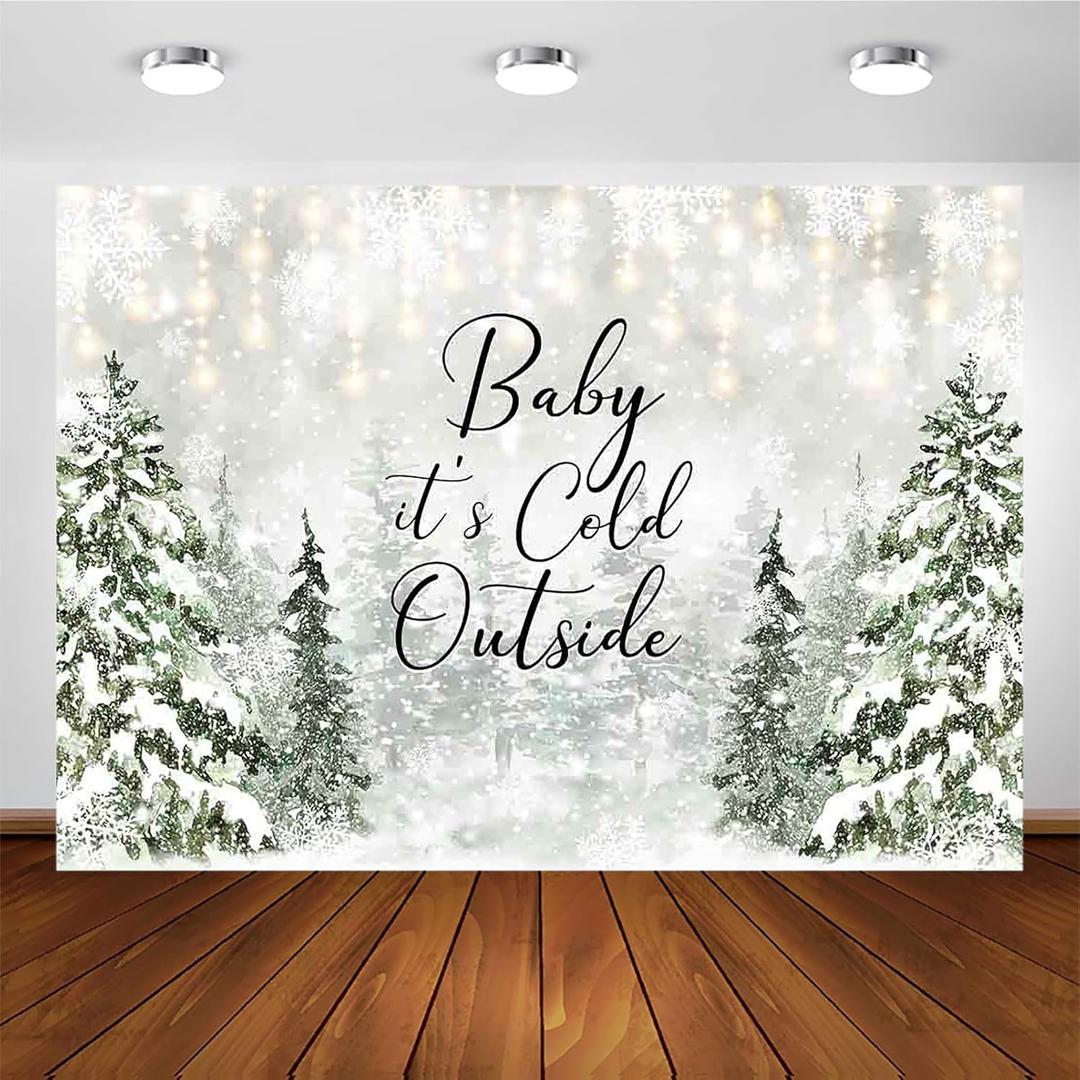 Avezano Baby It's Cold Outside Backdrop Winter Baby Shower Photo Background Props Winter Wonderland Party Decoration Snowflakes Newborn Photo Photo Banner (Green, 7x5ft)