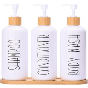 MOMEEMO White Shampoo and Conditioner Dispenser Set, Contains 3 Extra-Thick PET Plastic Bottles, Refillable Shampoo and Conditioner Bottles Perfect for Farmhouse Bathroom Decor (White)