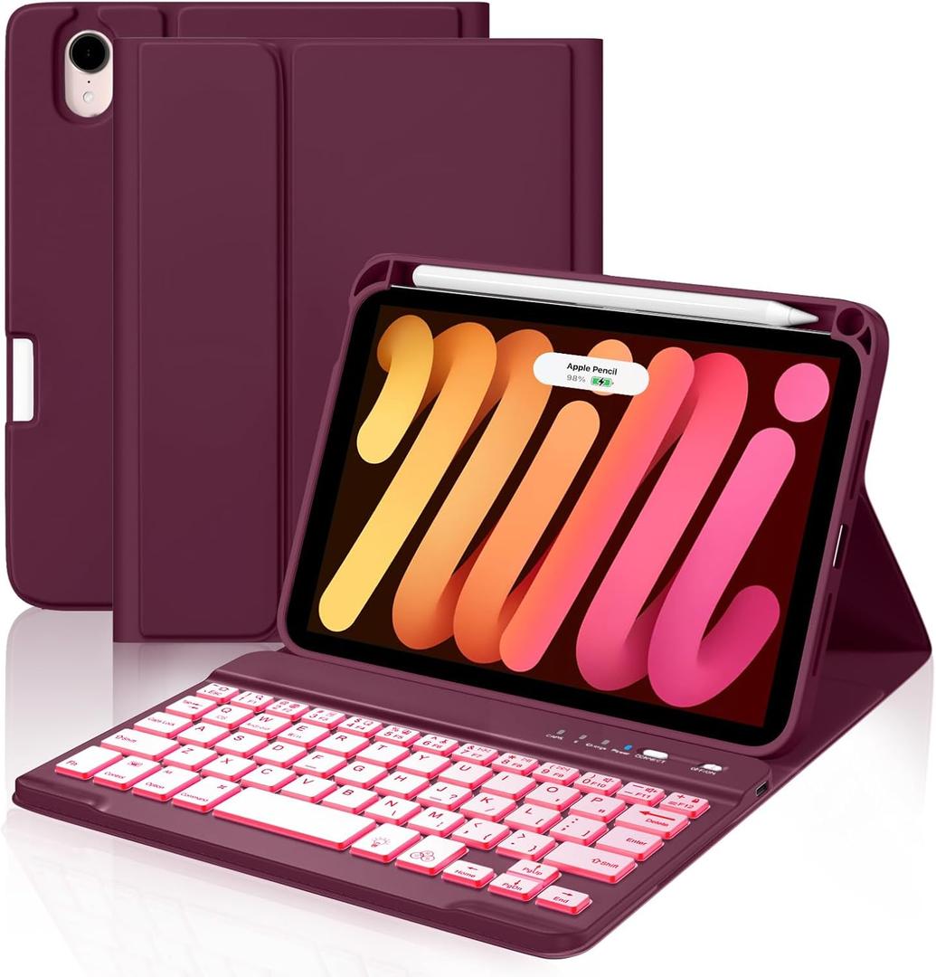 Cousper for iPad mini 7 Keyboard Case A17 Pro 2024/iPad Mini 6 Generation Case with Keyboard 2021 8.3 Inch, Pencil Holder, 7 Color Backlit Detachable Keyboard Cover for iPad mini 7th/6th Gen, Mulberry