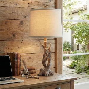 OYEARS 23" Rustic Farmhouse Table Lamp Country Cottage Lamps for Nightstand Tree Trunk Wood Grain Lamp for Bedroom Living Room with Oatmeal Fabric Round Shade Resin Bedside Lamp
