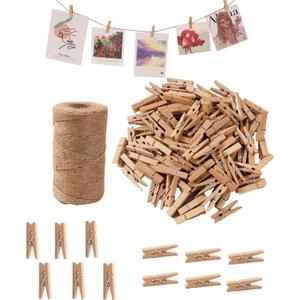 Small Clothes Pins for Photos,100PCS Mini Wooden Clothes Pins with 328 Feet Jute Twine,1.4 inch Tiny Clothes Pins for Photos,Crafts,Hanging Pictures,Baby Shower,Clip Photo Holders (Brown)
