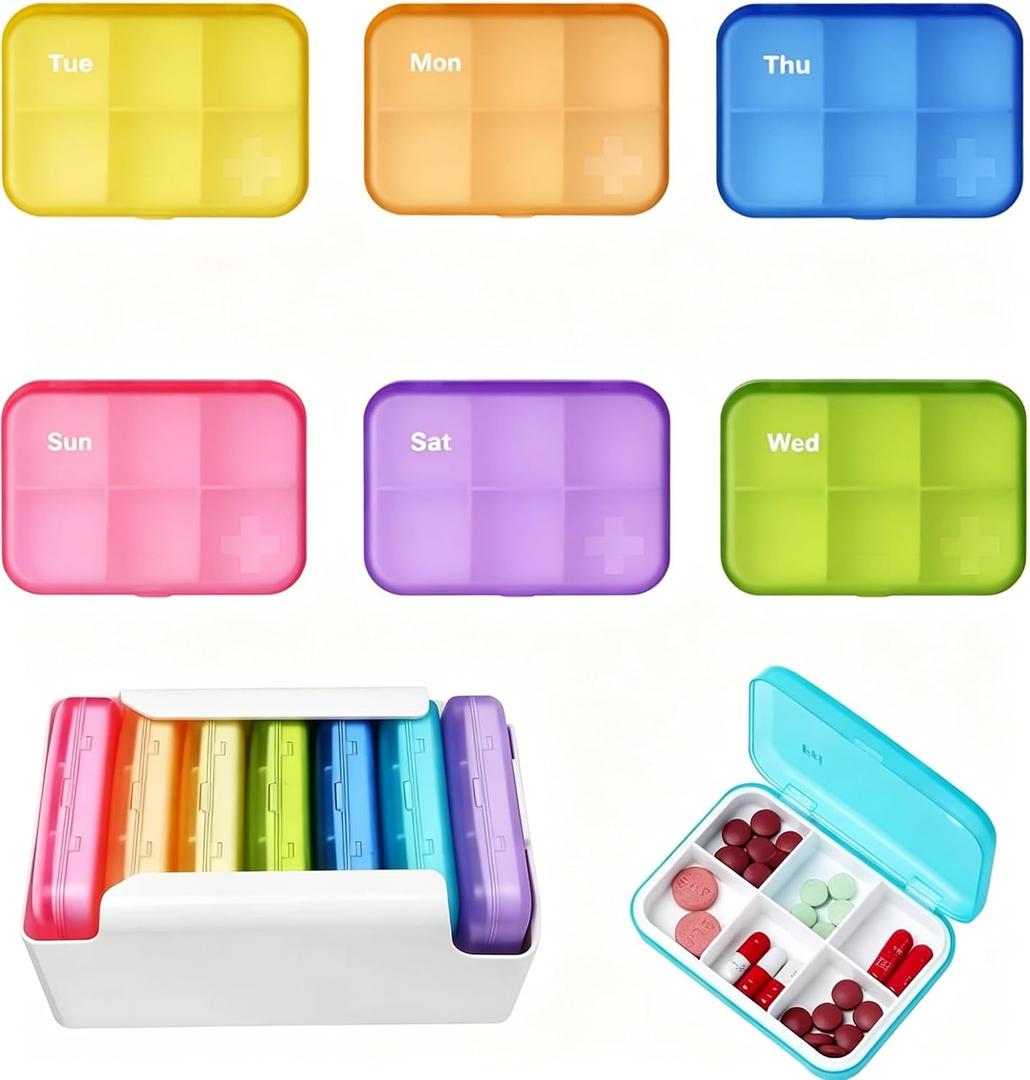6 Times a Day, 7 Piece Set Pill Organizer-Weekly Daily Travel Medicine Multicolored Organizer,Portable 7 Day Pill Box with Moisture-Proof Pill Case Travel Pill Container for Vitamins Supplements