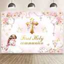 MEHOFOND 7x5ft First Holy Communion Backdrop for Girl Pink Mi Bautizo Photography Background Floral Beads Mi Primera Comunión Party Decorations Golden Cross Pigeon God Bless Party Photo Props