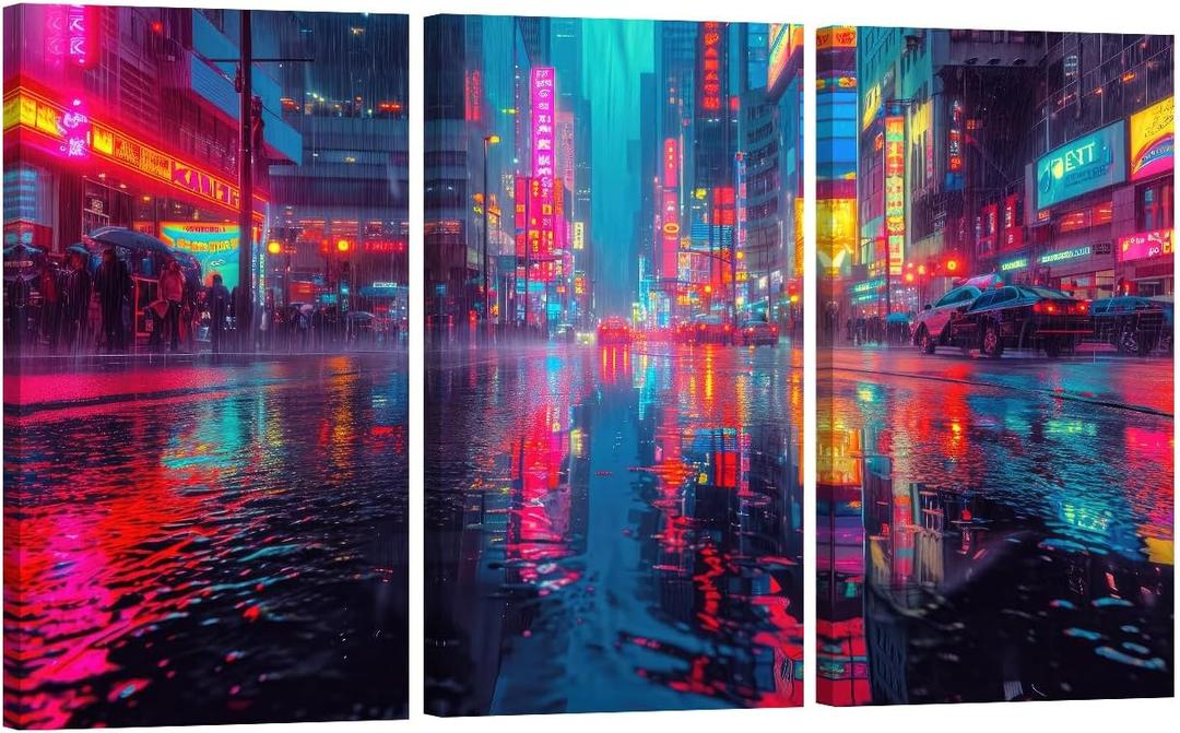 LSIUHWUWI 3Pcs Cool Gaming Wall Art Bustling City Rain-soaked Streets Posters Pictures Colorful Neon Canvas Painting Prints for Boys Room Kids Room Bedroom Home Decoration 20x40inch x3