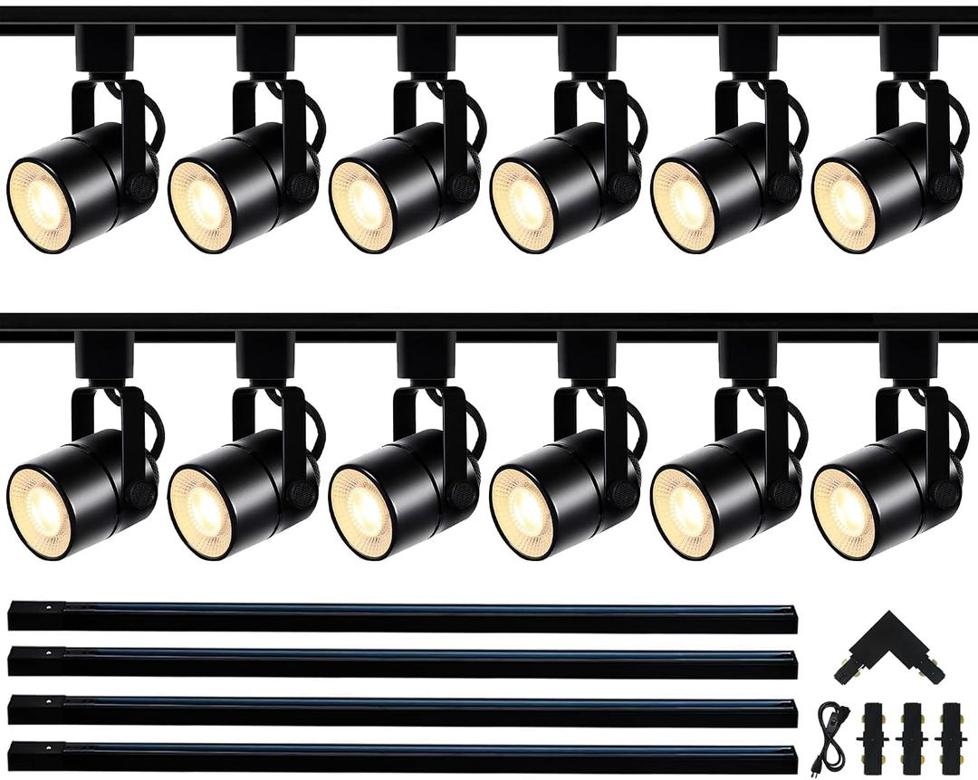 GU10 LED Black Track Lighting Complete Kit, 3000K Warm White, 12 Packs GU10 Dimmable Ceiling Spotlight Fixture with 13.12ft H Type Track Rails, Replaceable 10W LED Bulbs for Home