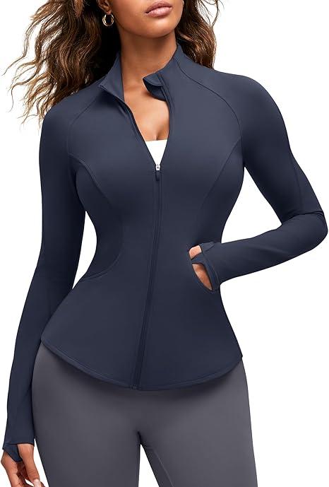 G4Free Gym Jackets for Women Slim Fit Full Zip Yoga Running Tops Raglan Sleeve Sports Casual Sweatshirts with Thumb Holes (Dark Navy,S)