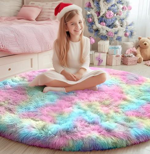 PAGISOFE Round Rugs 5Ft, Fluffy Rugs for Bedroom,Cute Rug for Girls Room,Fuzzy Rugs for Nursery Playroom,Circle Rug for Kids Room,Shag Furry Carpet for Reading Nook, Baby Room, Rainbow