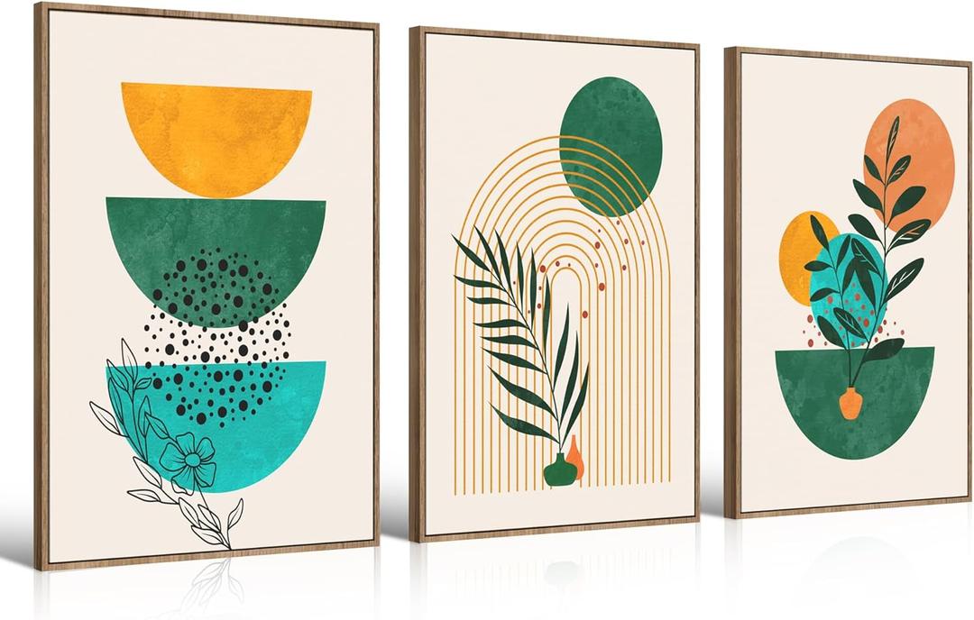 Large Canvas Wall Art Set of 3 Framed Boho Wall Art Mid Century Modern Wall Prints Yellow Green Moon Plant Desert Nature Illustrations Artwork, Minimalist Boho Wall Decor for Living Room 16x24in