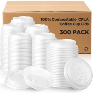 Kathfly 300 Count 100% Compostable CPLA Coffee Cups Lids Bulk 3.54 Inch White Disposable CPLA Hot Cup Lid Fit 10/12 /16/20 oz Paper Cup Convenient Sip Hole Leak Proof for Hot Drink Cold Water Beer