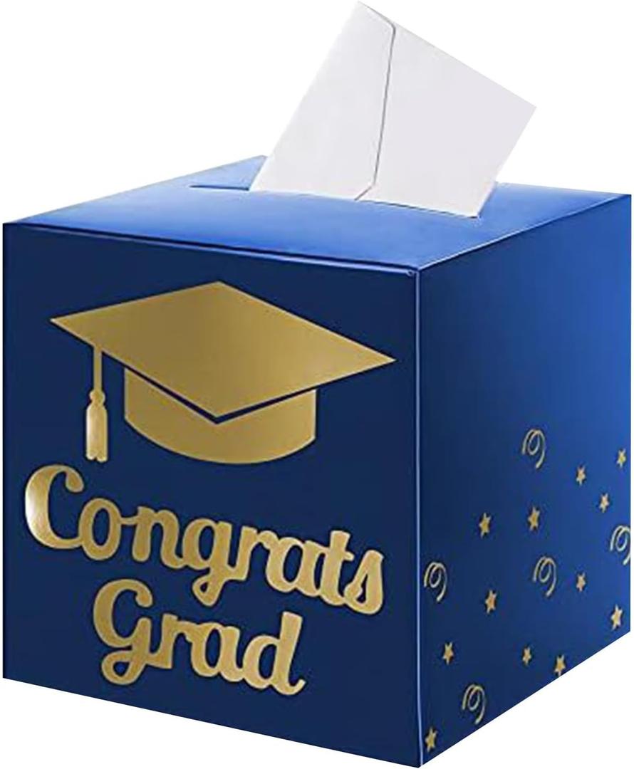 SMABIDEN Graduation Card Box Holder, 2025 New Congrats Grad Foldable Cardboard Decorations Box for Graduation Party Decoration and Grad Parties (Royal Blue)