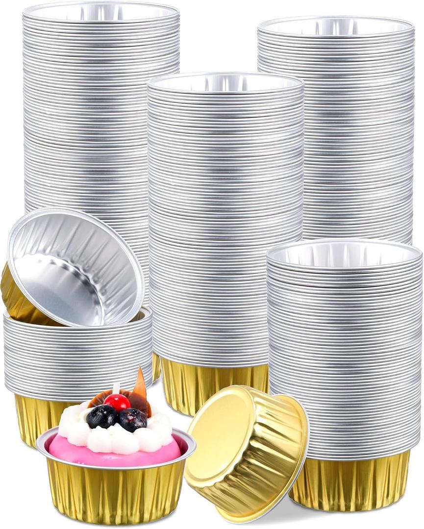 300 Pcs Patelai Aluminum Foil Cups 4.2 oz Mini Baking Cups Gold Cupcake Liners Disposable Ramekins Foil Muffin Pans for Pie Souffle Pudding Holder Wedding Birthday Party (Round)