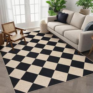 GarveeHome Checkered Easy Jute 5x7 Area Rugs for Living Room Machine Washable Non-Slip Backing Stain Resistant Modern Indoor Outdoor Rugs for Farmhouse Dining Room Patio Black