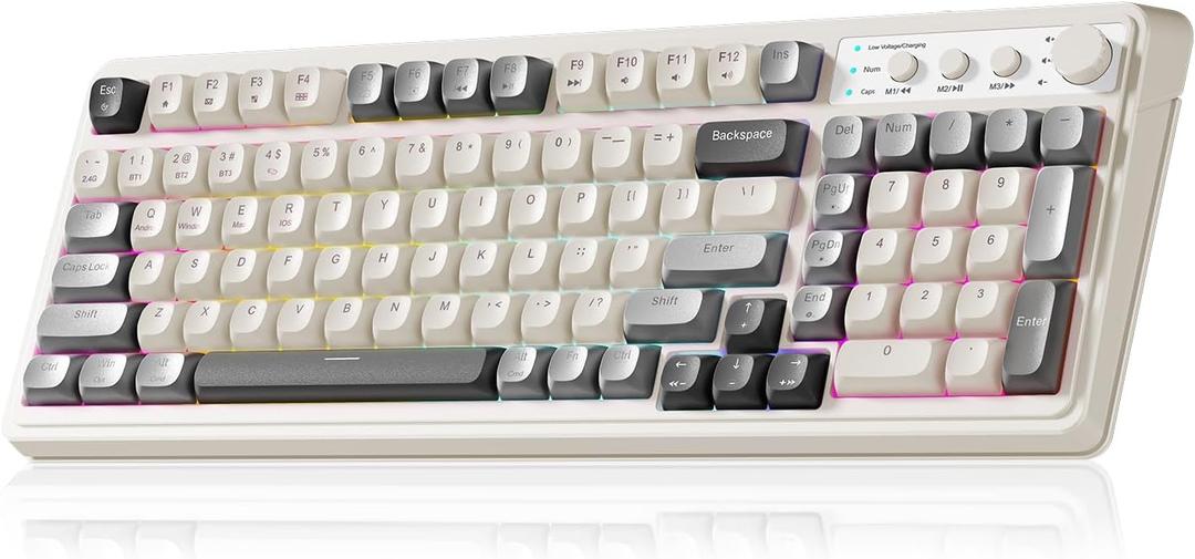 AULA Keyboard, Wireless Custom Computer Keyboards, Tri-Mode Bluetooth 5.0/2.4GHz/USB-C Cute Creamy Gaming Keyboard with Number Pad, RGB Backlit Media Knob Programmable Keybaord for PC Gamer - White