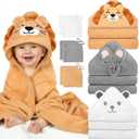 9 PCS Baby Bath Towels for Infants Toddlers, 3 PCS Animal Hooded Baby Towels & 6 PCS Washcloths Set, Ultra Absorbent Soft Cute Newborn Bath Essentials Gifts for Boys & Girls