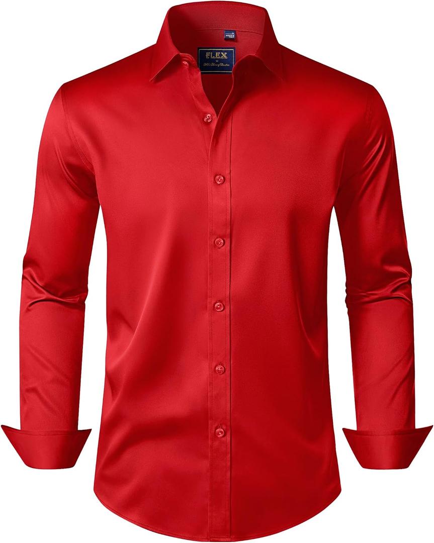 J.VER Men's Dress Shirts Solid Long Sleeve Stretch Wrinkle-Free Formal Shirt Business Casual Button Down Shirts Red Small