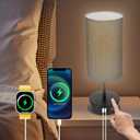 Bedside Table Lamp for Bedroom - 3 Way Dimmable Touch Lamp USB C Charging Ports and AC Outlet, Black Base Round Flaxen Fabric Shade for Living Room, Desk, LED Bulb Included(Black)
