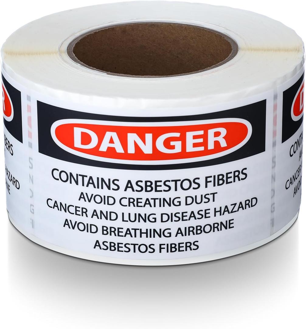 500 PCS "DANGER CONTAINS ASBESTOS FIBERS, AVOID CREATING DUST. etc" Hazard Warning Label - 5" Width x 3" Height Workplace Warning Sign, Pressure Sensitive Vinyl, Red/Black On White
