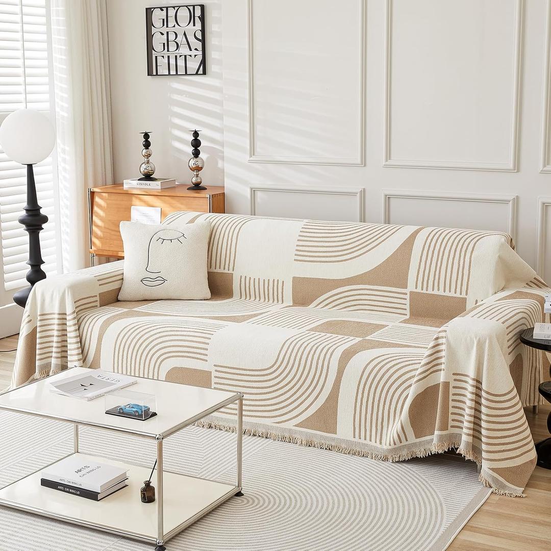 Boho Couch Cover Sofa Covers Washable, Chenille Couch Covers for 3 Cushion Couch Sofa Pet Friendly, Bohemian Sofa Slipcovers for Sectional Sofa, Loveseat, 2 3 4 Seater (71" x 150", Khaki)