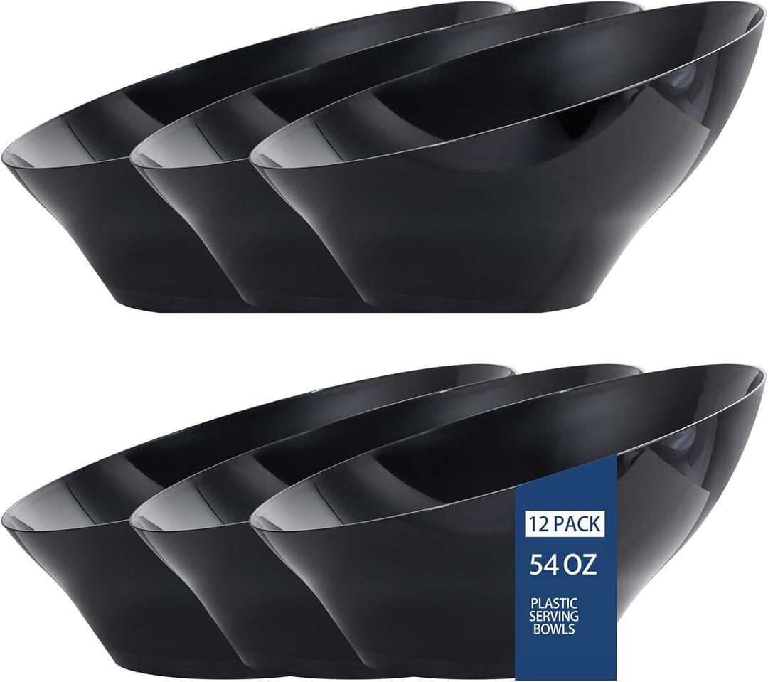 BUCLA 12 Pack Black Plastic Serving Bowls - 54 OZ Angled Bowls Disposable for Chip&Candy - Party Table Salad and Fruit for Party, Wedding & Graduation
