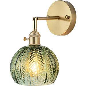 Cerdeco Vintage Wall Sconce with Green Leaf Glass Shade,180Adjustable Arm and Golden Base,Modern Indoor Wall Light Lighting for Bedroom