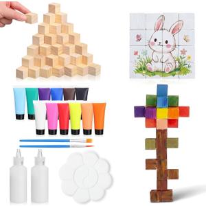 Sunnychicc 100 Pcs DIY Pixel Wood Blocks Crafts Kits Unfinished 1 Inch Small Wooden Cubes with 12 Colors Acrylic Paint Brush Palettes and Wood Glue for Adult Paint Build Pixel Style Flowers Trees