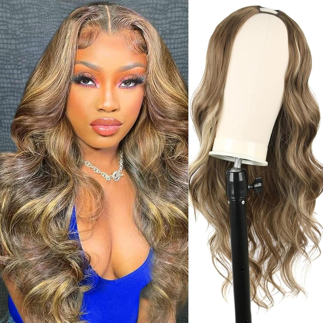 Highlight V Part Wig Long Body Wavy Upgrade U Part Synthetic Hair for Black Women 24Inch Light Blonde With Brown Root Full Head Clip In Hair Glueless Women Wigs (Light Blonde With Brown Root)