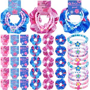 15 Set Hawaiian Bohemia Bracelet and Scrunchie Bulk Pink and Blue Cartoon Party Thank You Gift for Girls Birthday Party Favor Silk Hair Ties Plumeria Friendship Bracelets