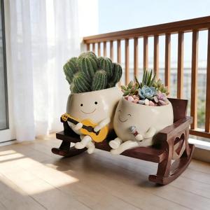Smiley Face Planter Pot, Cute Funny Heart Rocking Chair Double Head Face Planter Pot with Unique Guitar and Microphone for Indoor Outdoor, Succulent Flower Pots with Drainage Hole