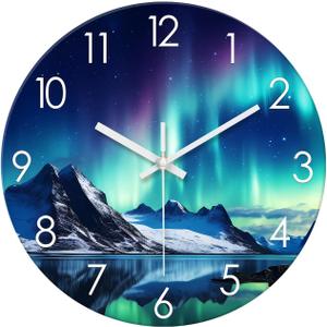 XNM Teal Glass Large Wall Clocks Battery Operated 20 Inch Aurora Wall Clocks for Living Room Decor Glacier Round Clock Silent