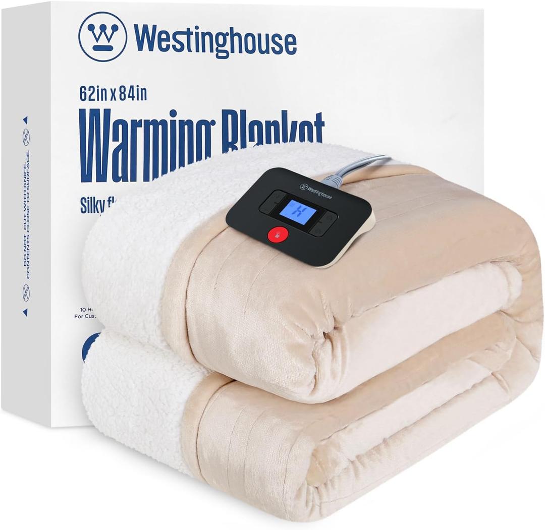 Westinghouse Electric Blanket Twin, Heated Blanket Twin Size with 10 Heating Levels and 1 to 12 Hours Heating Time Settings, Flannel to Sherpa Reversible, Machine Washable (62" x 84", Beige)